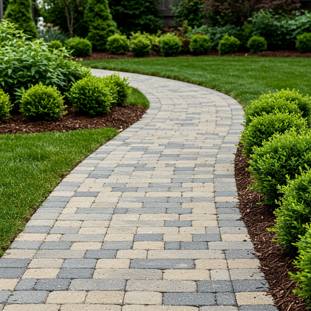 Curved paver walkway bordered by lush green shrubs and grass, showcasing professional landscaping and hardscaping services by Next Level Outdoor Services in Sioux Falls, SD.