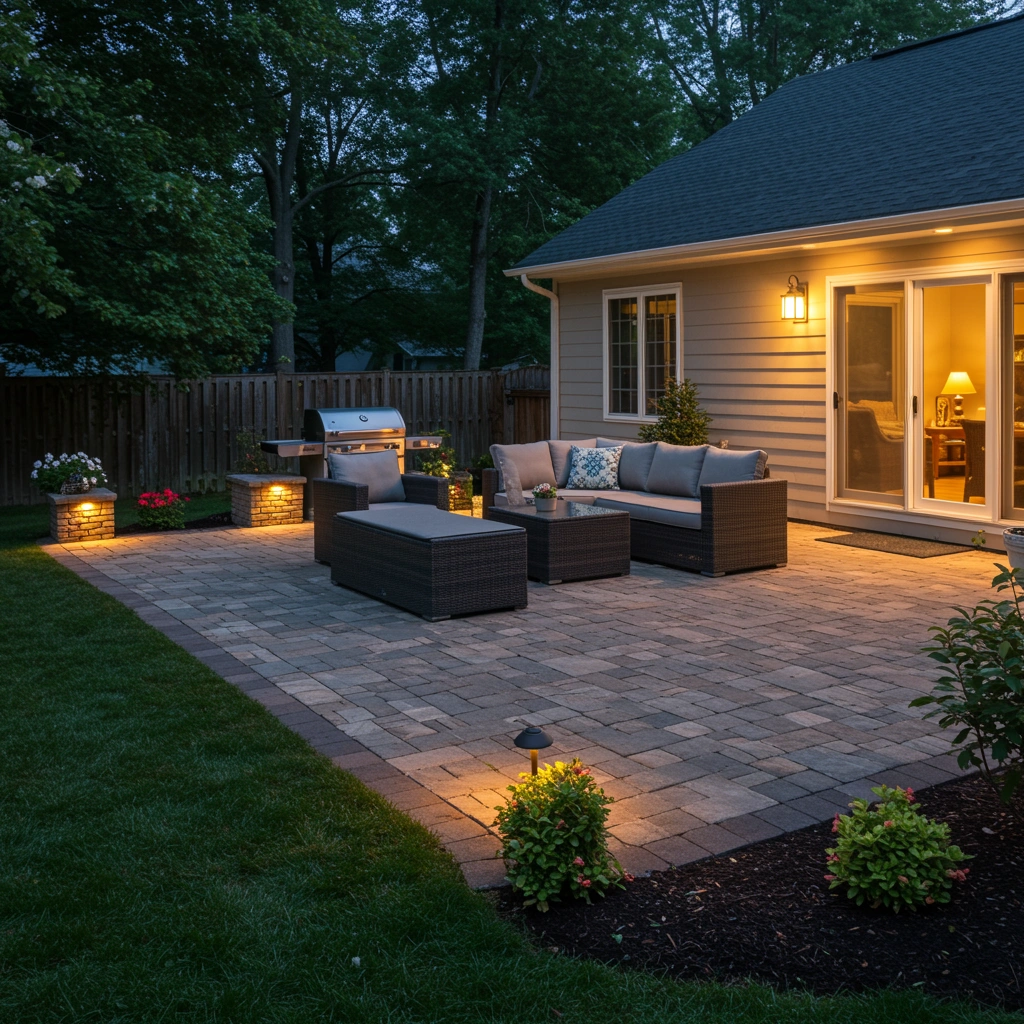 Outdoor kitchen area with patio seating, grill, and landscape lighting, enhancing backyard gatherings and outdoor living spaces.