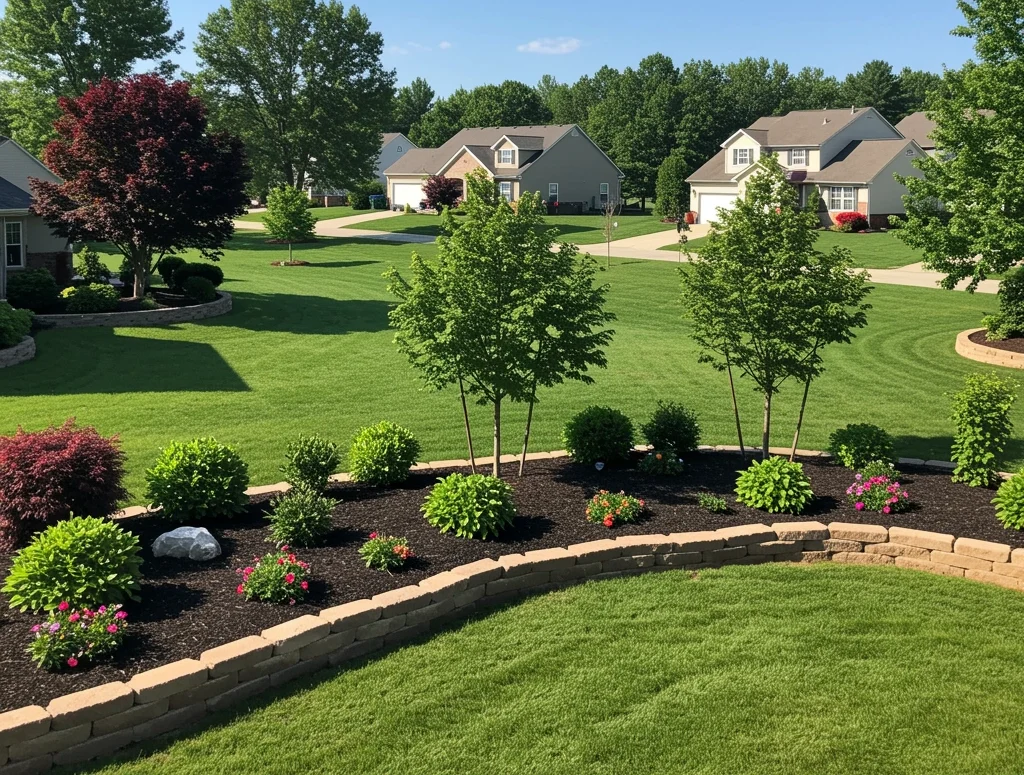 Lush residential landscape featuring vibrant flowering plants, manicured shrubs, and ornamental trees, showcasing professional landscaping design and maintenance in a suburban setting.