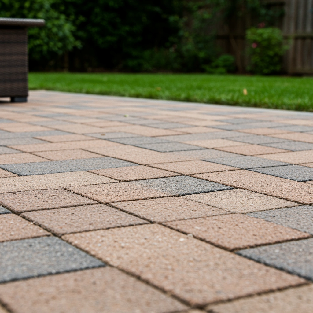 Paver patio featuring interlocking gray and tan stones, enhancing outdoor kitchen space for dining and entertaining.