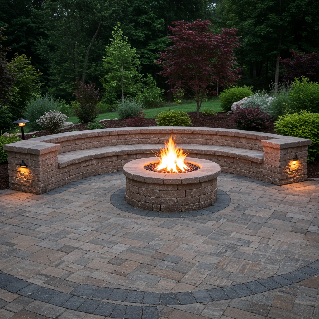 Fire pit surrounded by a curved stone seating wall in a landscaped backyard, featuring lush greenery and soft lighting, ideal for outdoor gatherings and entertaining.