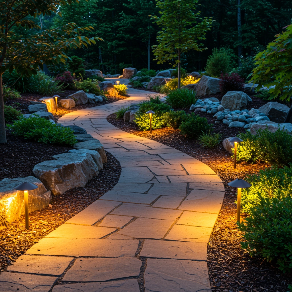 Curved stone pathway illuminated by warm accent lighting, surrounded by lush greenery and decorative rocks, showcasing professional landscape lighting design for outdoor spaces.