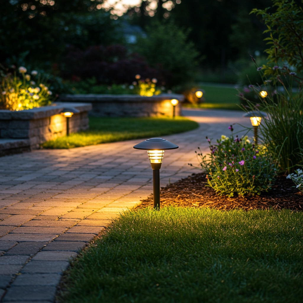 Landscape lighting illuminating a paved walkway in a garden, featuring modern light fixtures and vibrant flower beds, enhancing outdoor kitchen ambiance.