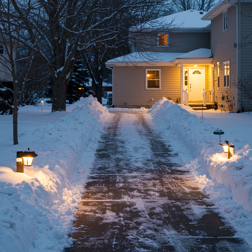Snow-covered walkway with cleared path leading to a well-lit home, surrounded by snowbanks, emphasizing safe access during winter for HOA-managed properties.