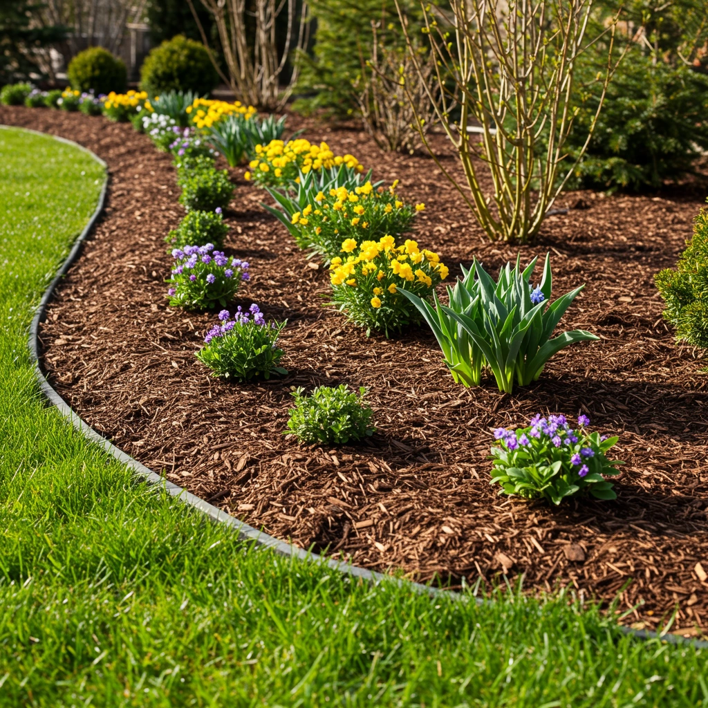 Vibrant flower bed featuring yellow and purple blooms, surrounded by fresh mulch and lush green grass, showcasing professional landscaping services by Next Level Outdoor Services in Sioux Falls, SD.