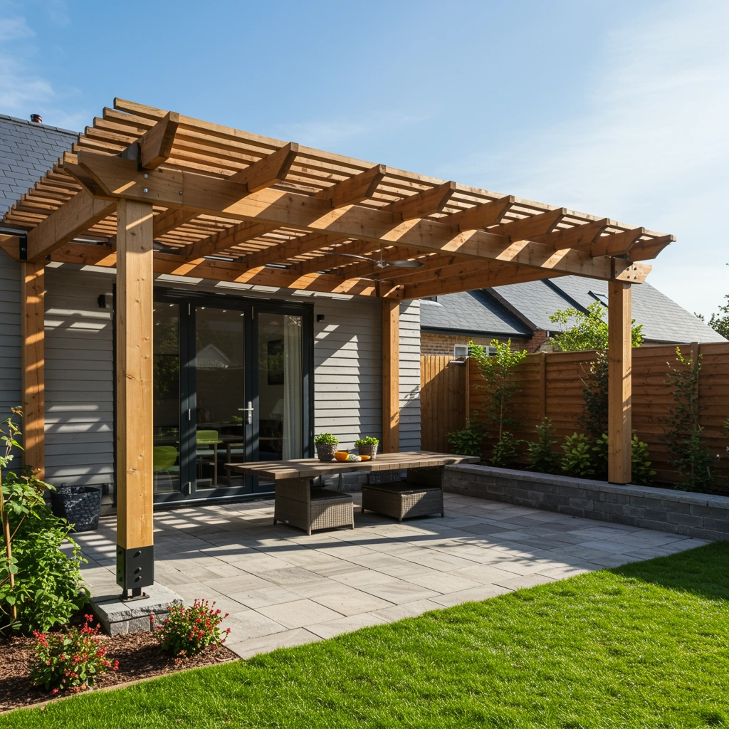Custom wooden pergola over a patio with a table and potted plants, surrounded by well-maintained grass and landscaping, enhancing outdoor living space aesthetics.