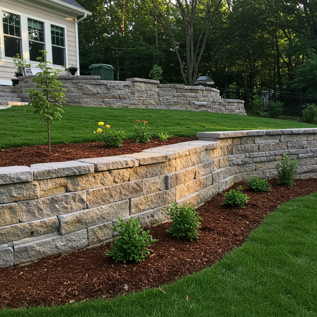 Landscaped yard featuring stone retaining walls, vibrant flowers, and mulch beds, illustrating erosion control solutions by Next Level Outdoor Services in Sioux Falls, SD.