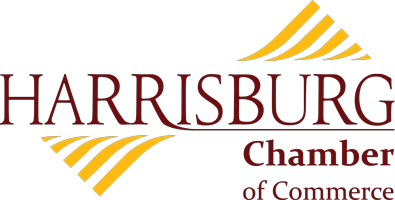 Harrisburg Chamber of Commerce logo, featuring the word "HARRISBURG" in bold red letters and stylized yellow and gray waves, representing community support and local business engagement.