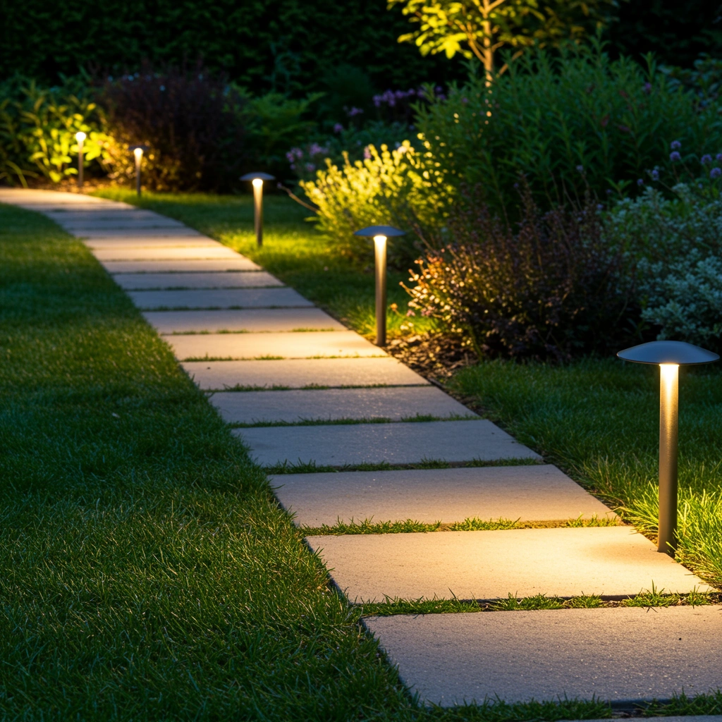 Pathway illuminated by stylish landscape lighting, showcasing a well-maintained garden with lush greenery and flowering plants, highlighting outdoor safety and aesthetics.