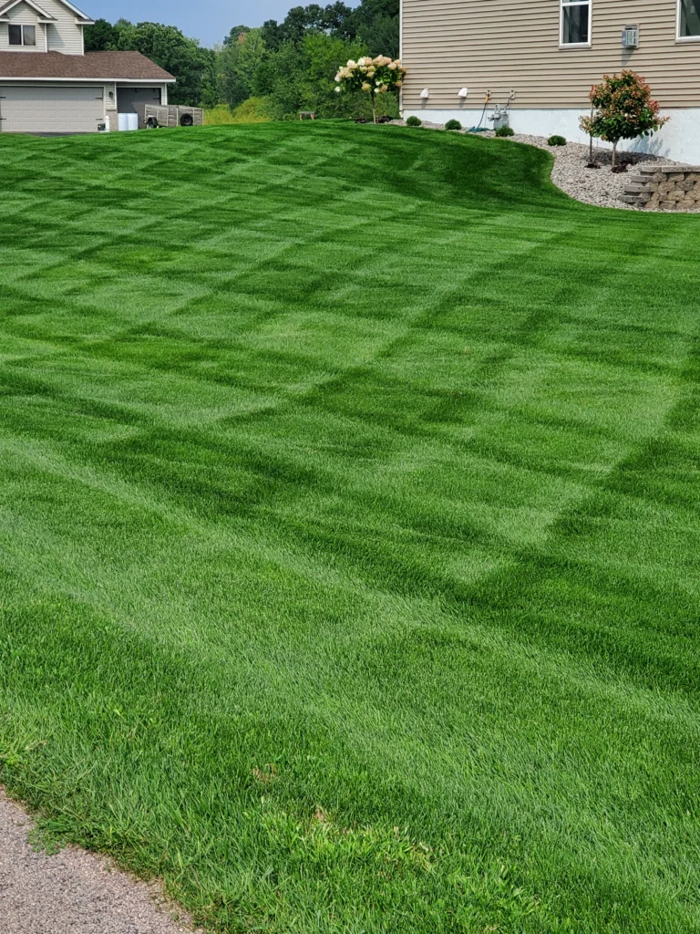 Lush green lawn with neatly striped mowing patterns, showcasing professional lawn care and landscaping services by Next Level Outdoor Services in Sioux Falls, SD.