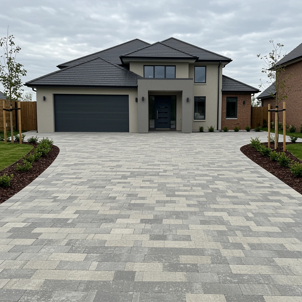 Modern home exterior with a paver driveway, showcasing landscaping and a stylish entrance, relevant to outdoor kitchen and hardscaping services by Next Level Outdoor Services.