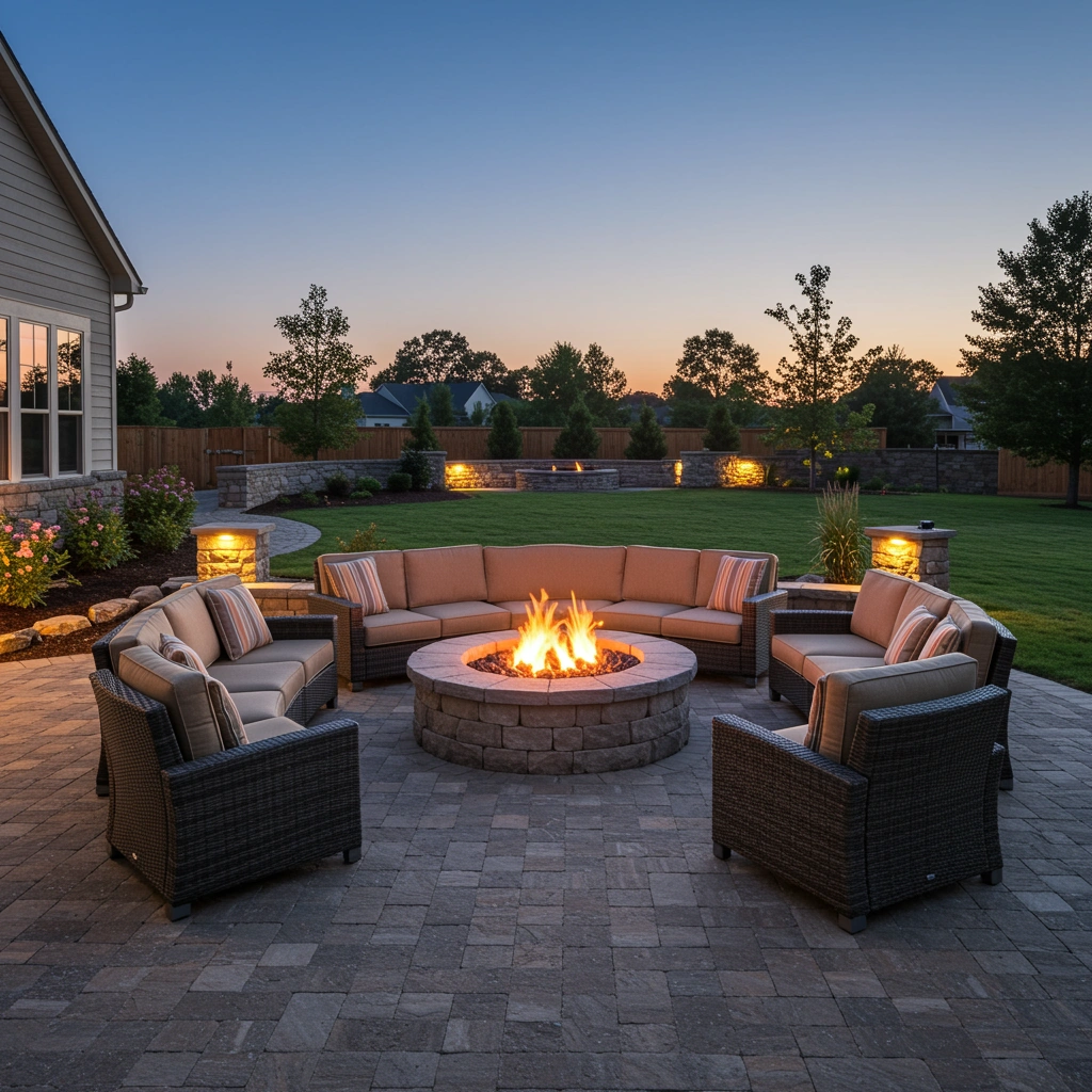 Outdoor fire pit area with circular seating and stone paver patio, enhancing outdoor living space for gatherings and relaxation.