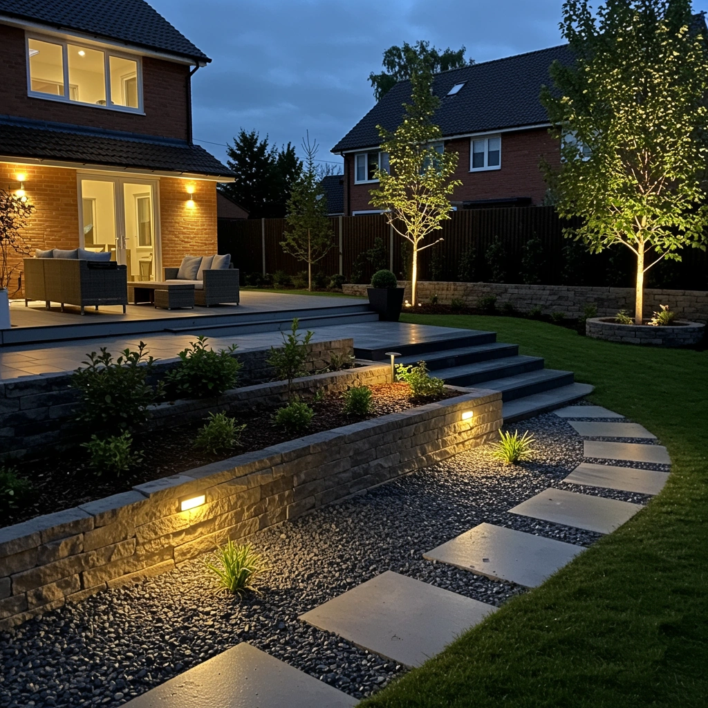 Landscape lighting illuminating a modern backyard with stone steps, decorative plants, and a cozy seating area, showcasing the importance of outdoor lighting for homes in Sioux Falls, SD.