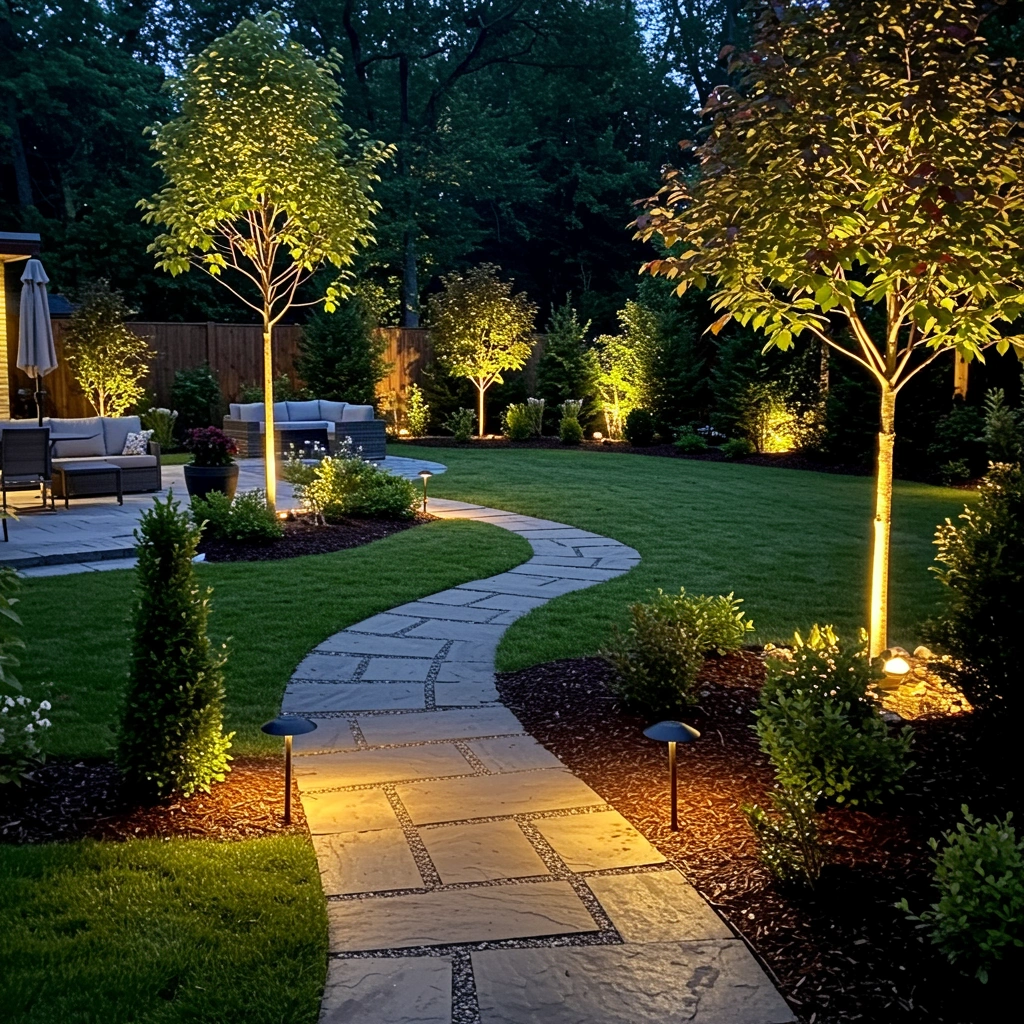 Elegant landscape lighting illuminating a curved stone pathway, surrounded by lush greenery and accent trees, creating a cozy outdoor seating area for enhanced nighttime visibility and ambiance.