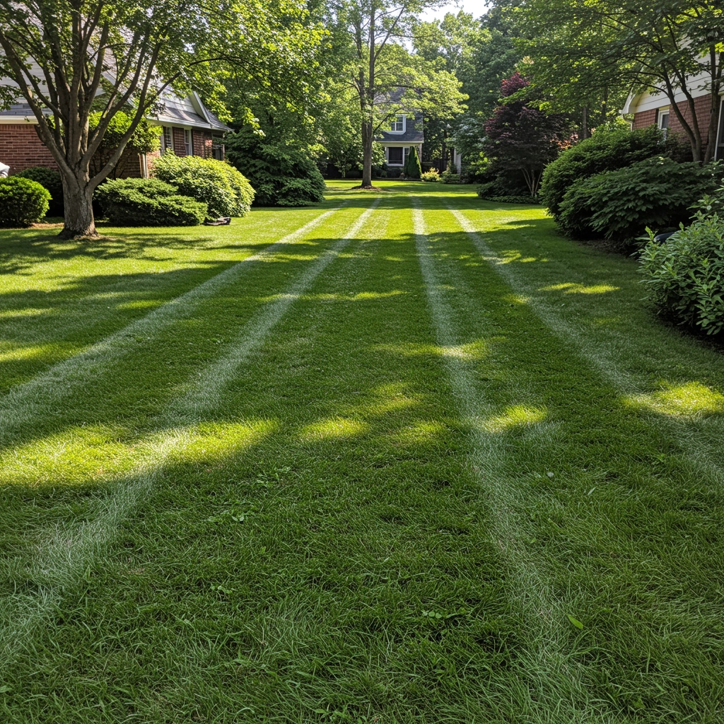 Lush green lawn with neatly striped grass, showcasing professional landscaping and maintenance services in a residential setting, emphasizing healthy outdoor spaces.