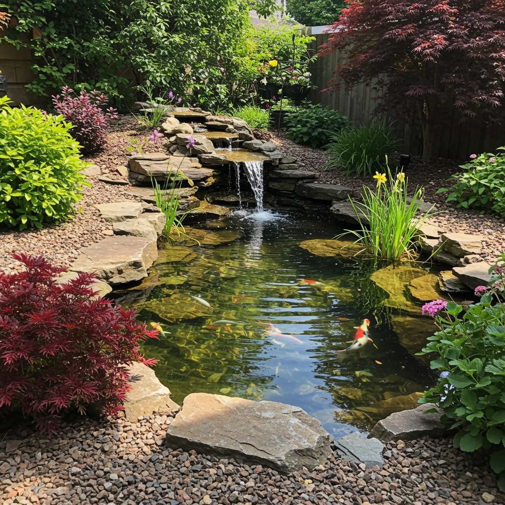 Water feature with koi fish, cascading waterfall, surrounded by lush greenery and colorful flowers in a landscaped garden.
