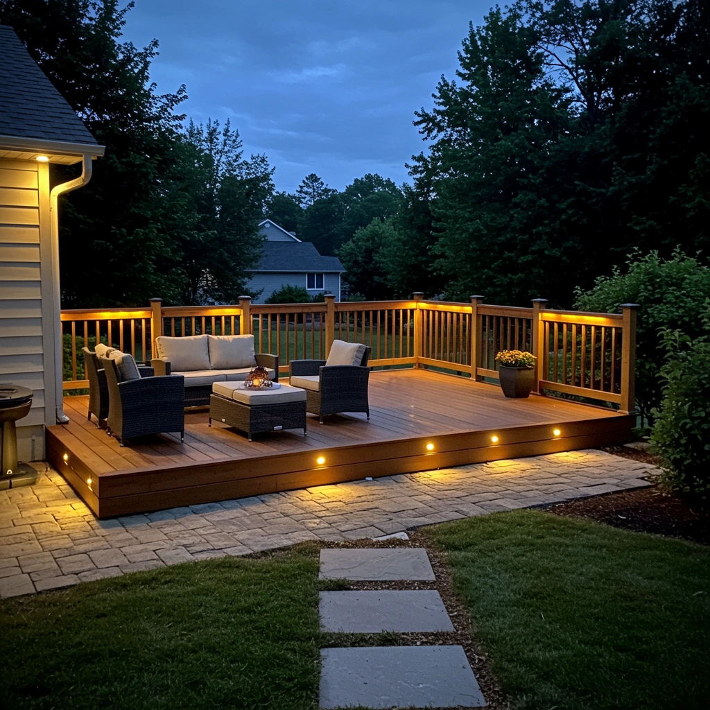 Deck with accent lighting showcasing outdoor seating area, illuminated pathway, and lush greenery, enhancing nighttime visibility and ambiance for landscape enjoyment in Sioux Falls.