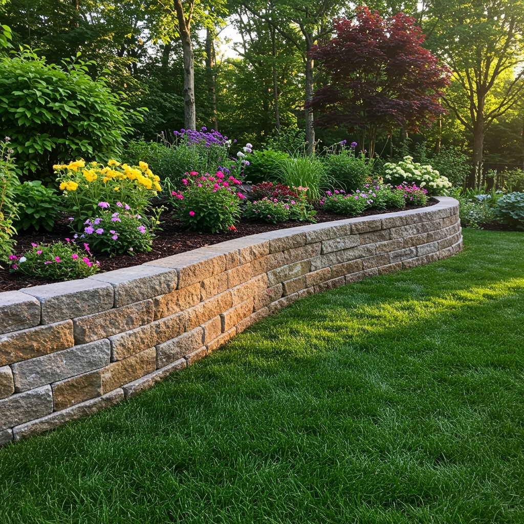 Curved stone retaining wall with vibrant flower beds, showcasing colorful blooms and lush green grass, enhancing outdoor landscaping in a residential setting.