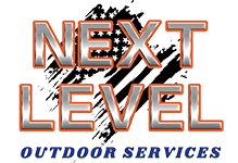 Next Level Outdoor Services logo featuring bold text in orange and blue, representing landscaping and snow removal services in Sioux Falls, SD.