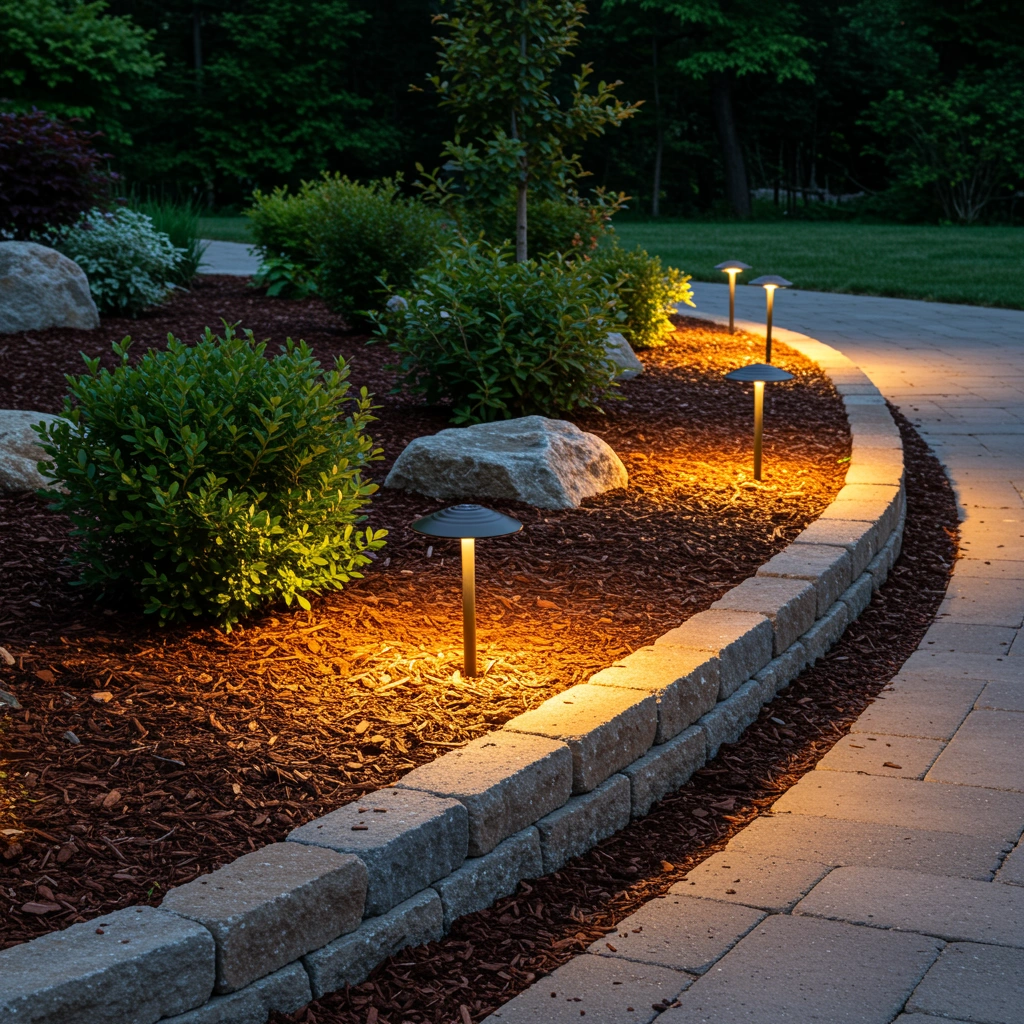 Landscape lighting illuminating garden path with bushes and stone accents, showcasing professional outdoor design by Next Level Outdoor Services in Sioux Falls, SD.