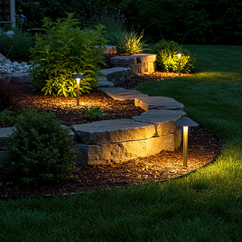 Landscape lighting illuminating stone pathway and plants in a well-maintained yard, showcasing accent lighting design by Next Level Outdoor Services in Sioux Falls.