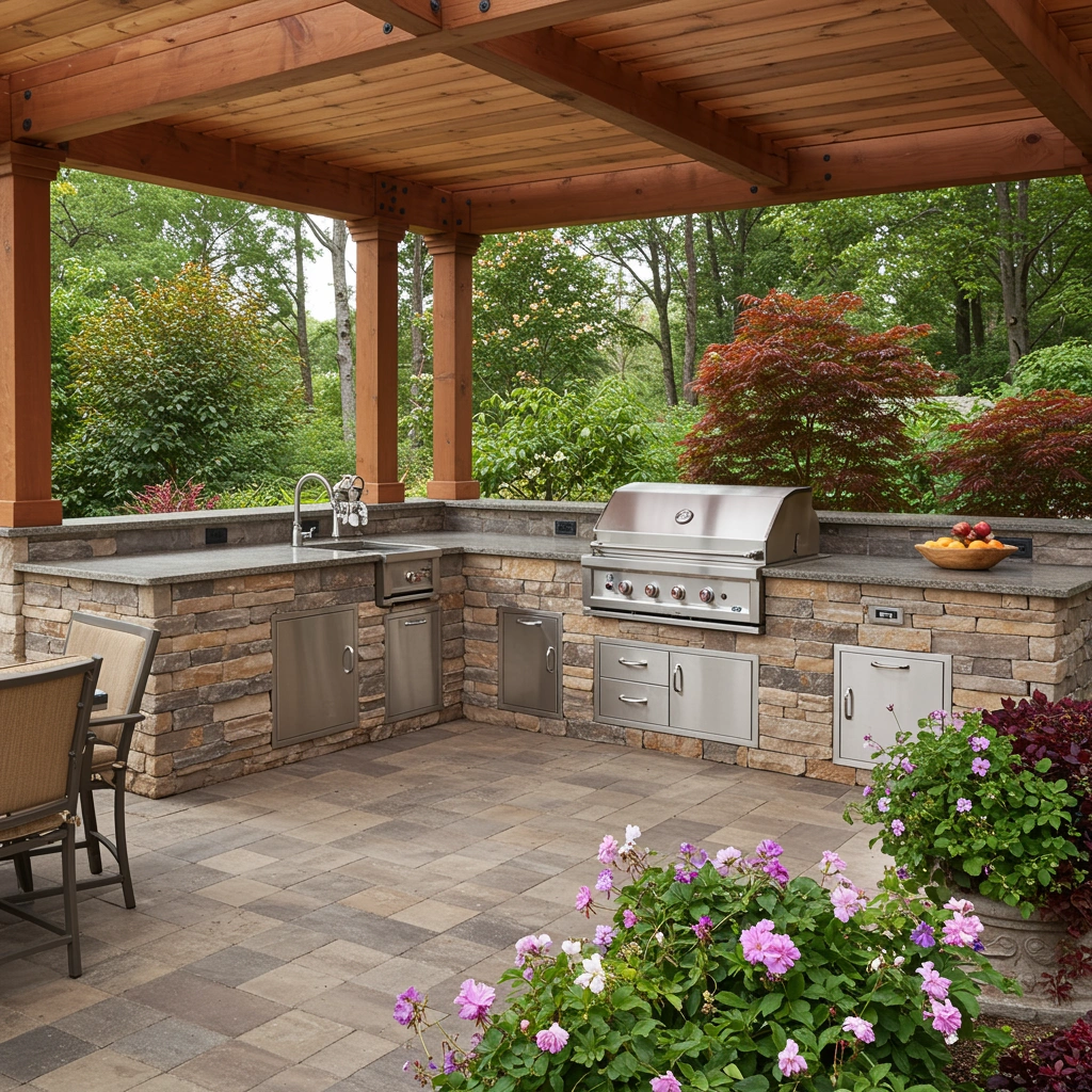 Custom outdoor kitchen with stainless steel grill, stone countertops, and lush garden surroundings, showcasing hardscape design by Next Level Outdoor Services in Sioux Falls, SD.