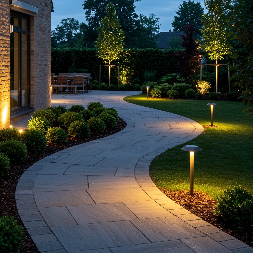 Pathway illuminated by stylish landscape lighting, featuring curved stone walkway, lush greenery, and modern LED fixtures, enhancing outdoor aesthetics and safety for residential properties in Sioux Falls.