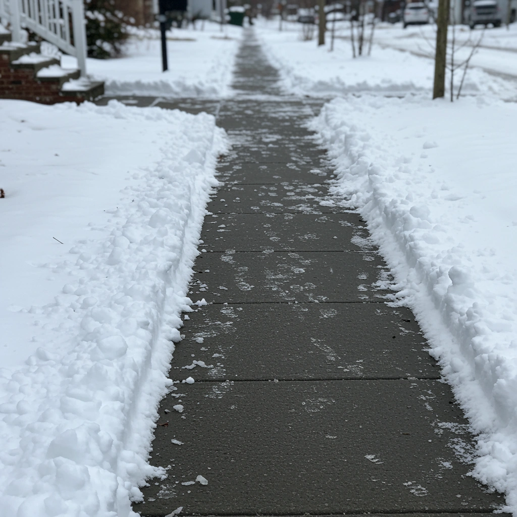 Snow-cleared sidewalk with footprints, surrounded by fresh snow, illustrating reliable snow removal services for HOA properties in Sioux Falls, SD.