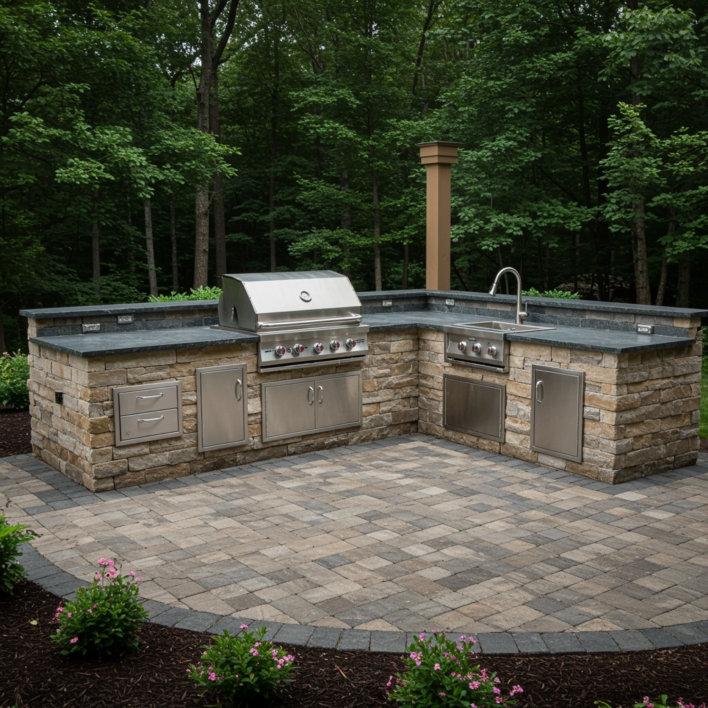 Outdoor kitchen featuring stainless steel grill, stone cabinetry, and granite countertop, surrounded by landscaped greenery and paver patio, ideal for cooking and entertaining.